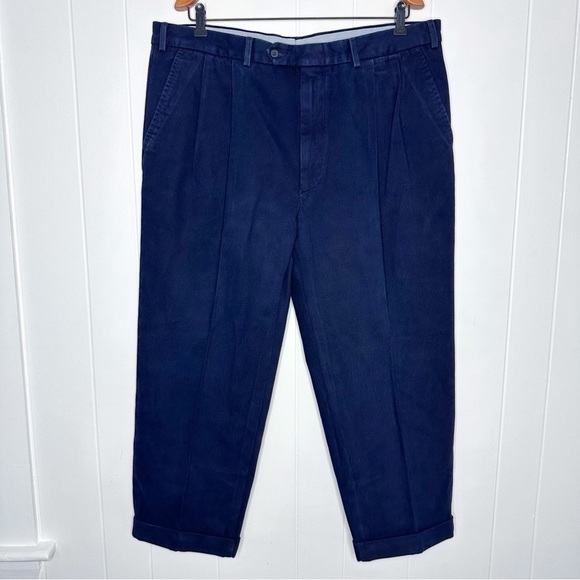 Vintage Burberry Thick Heavy Cotton Navy Pleated Trousers Pants - Picture 2 of 12